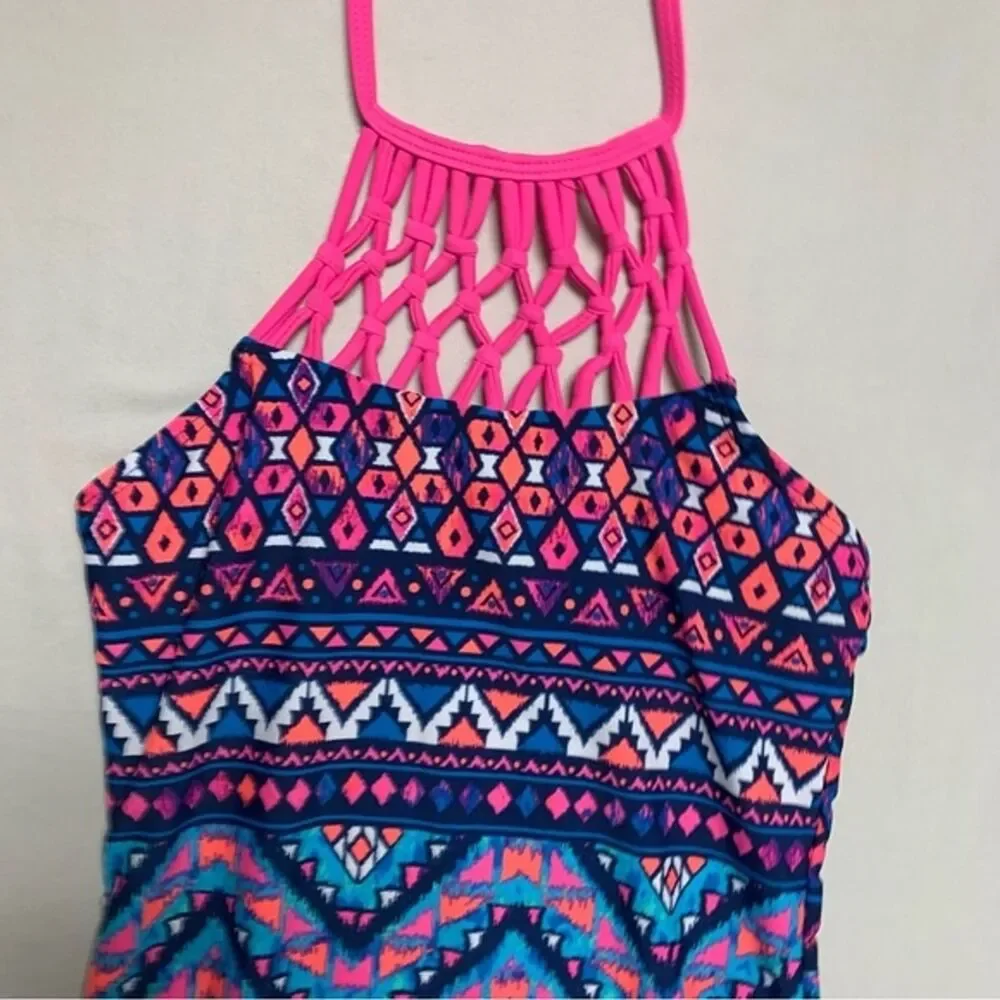 Neon Hot Pink Tribal Bathing Suit One Piece Swimsuit Girls 7-8 Swim Beach Pool - Picture 2 of 7